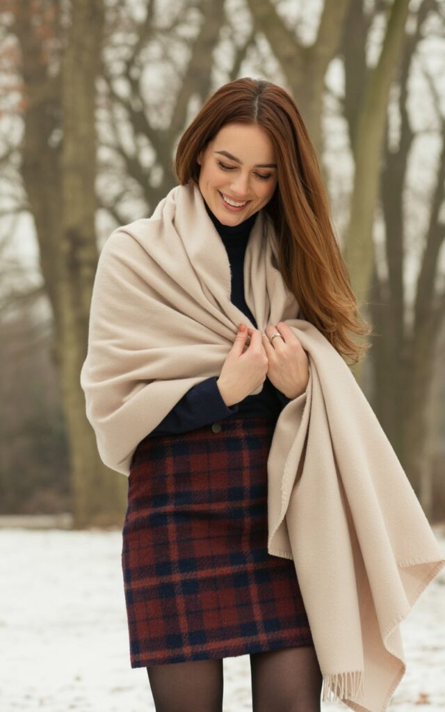 A fashion photograph of a young woman styled in a chic winter mini skirt outfit, captured in soft natural lighting. She wears a burgundy and navy plaid mini skirt paired with black tights and ankle boots, topped with an oversized cream wool scarf draped elegantly around her shoulders. Her long brown hair falls naturally over one shoulder, and she has a warm, genuine smile as she stands against a backdrop of bare winter trees. The scene conveys effortless style with muted earth tones, creating a cozy yet fashionable cold-weather aesthetic.