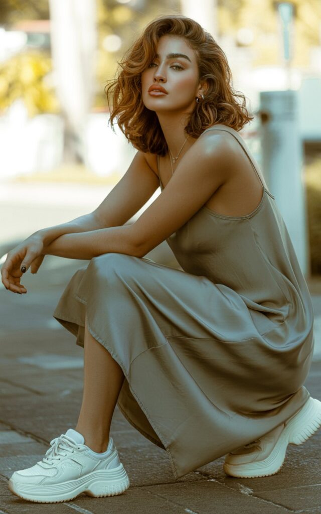 A fashion photograph of a young woman with effortless, natural beauty wearing a quintessential 90s outfit. She's dressed in a flowing slip dress with delicate spaghetti straps in a muted sage green or dusty rose color, paired with chunky white platform sneakers that create a striking contrast between feminine and sporty aesthetics. Her hair falls in loose, tousled waves with face-framing layers, and she has minimal makeup with a glossy lip and defined eyebrows typical of the decade. The background features soft, diffused lighting reminiscent of 90s fashion photography, with warm golden tones that enhance the nostalgic, grunge-meets-minimalist vibe of the era.