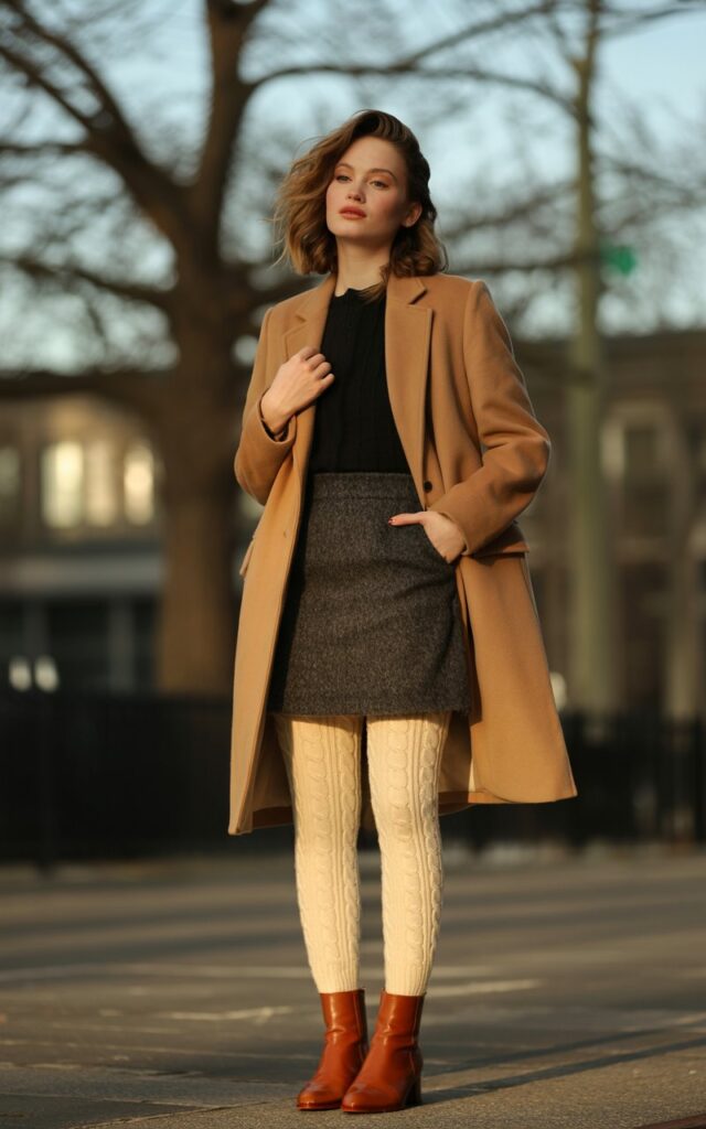 A fashion photograph of a young woman with natural beauty wearing a charcoal wool mini skirt paired with a sophisticated camel-colored tailored coat that falls to mid-thigh. She has effortless, tousled hair and minimal makeup, standing confidently with one hand in her coat pocket while the other adjusts her collar. The winter outfit is completed with cream-colored cable-knit tights and cognac leather ankle boots, creating elegant layers against the cool weather. The background shows a softly blurred urban winter scene with bare trees and warm golden hour lighting that highlights the rich textures of her wool and cashmere fabrics.