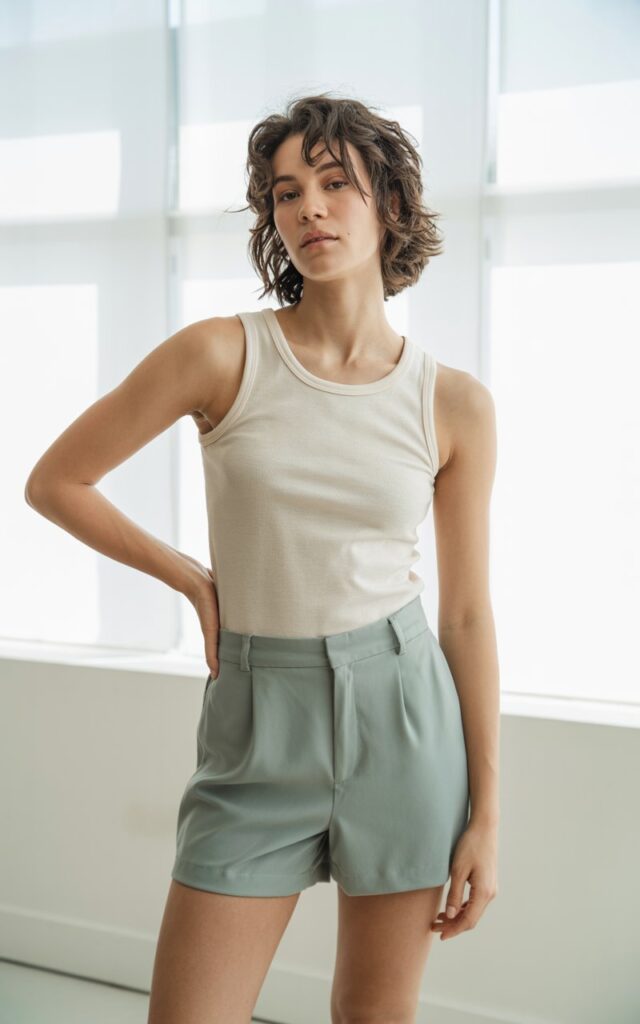 A natural-looking young woman wearing a basic tank styled with tailored shorts. Theme lookbook outfits