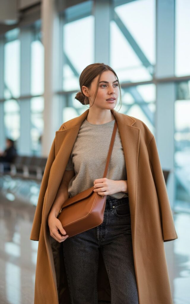 A natural-looking young woman wearing a basic tee and jeans topped with a statement coat. Theme airport outfit winter