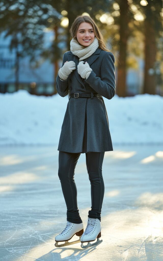 A natural-looking young woman wearing a belted wool coat layered over stretch leggings. Theme ice skating outfit