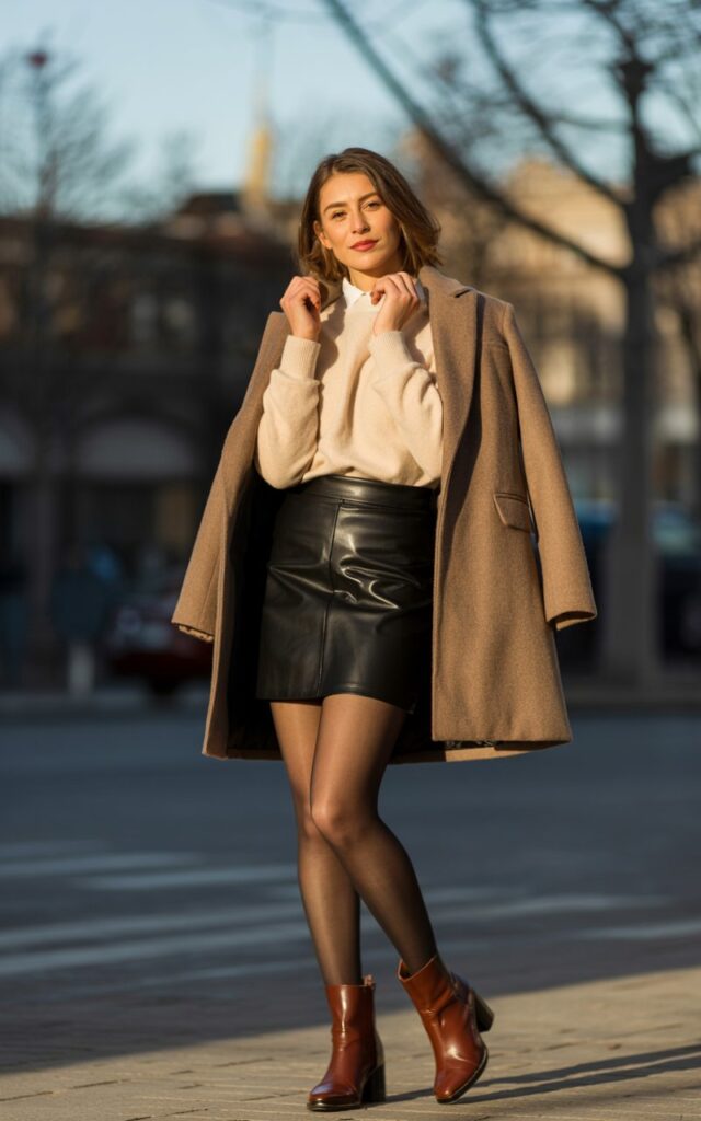 A natural-looking young woman wearing a black mini skirt finished with opaque tights and ankle boots. Theme mini skirt outfit winter