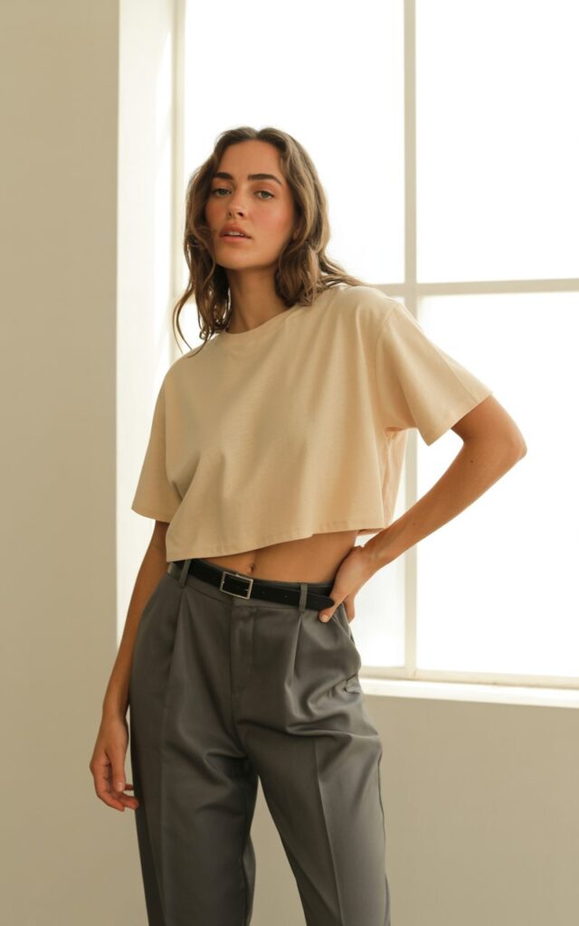 A natural-looking young woman wearing a boxy crop top with tailored trousers and a belt. Theme crop top outfits