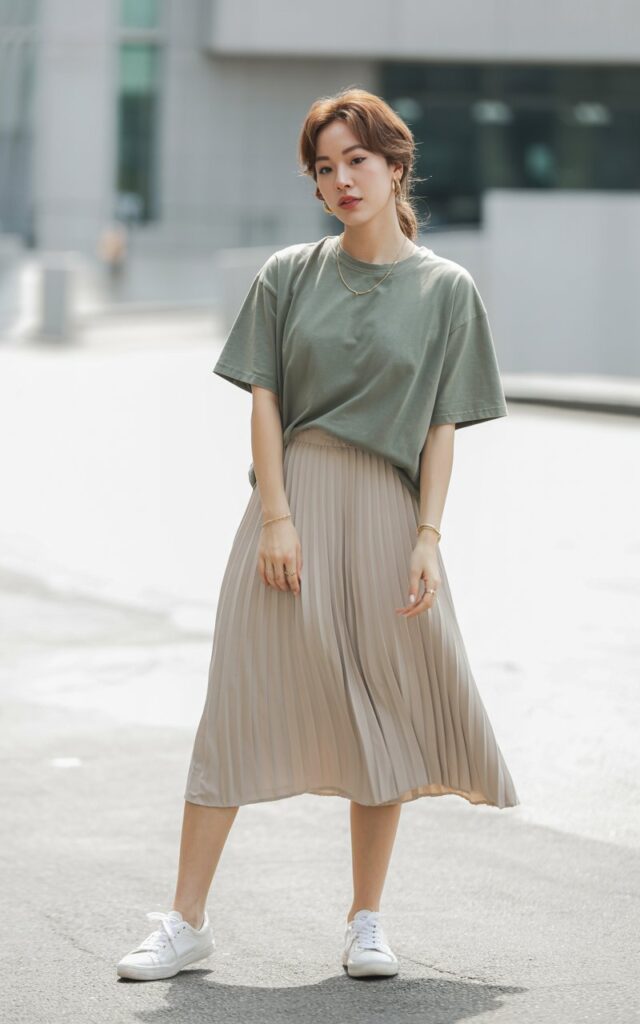 A natural-looking young woman wearing a boxy tee layered over a pleated midi skirt with casual sneakers. Theme korean casual outfits