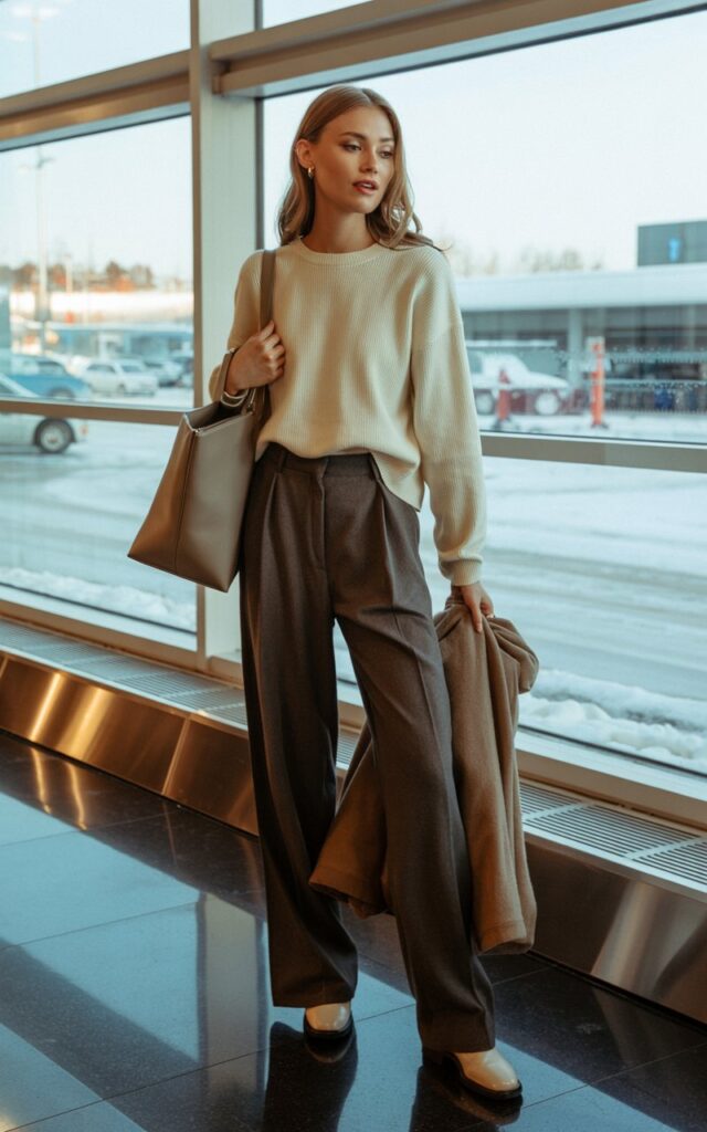 A natural-looking young woman wearing a cashmere sweater with wide-leg trousers. Theme airport outfit winter
