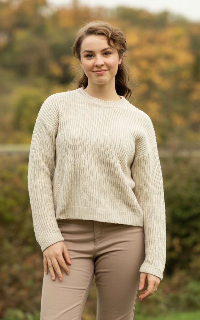 A natural-looking young woman wearing a chunky knit sweater styled with slim-fit pants in neutral tones. Theme family photo outfits
