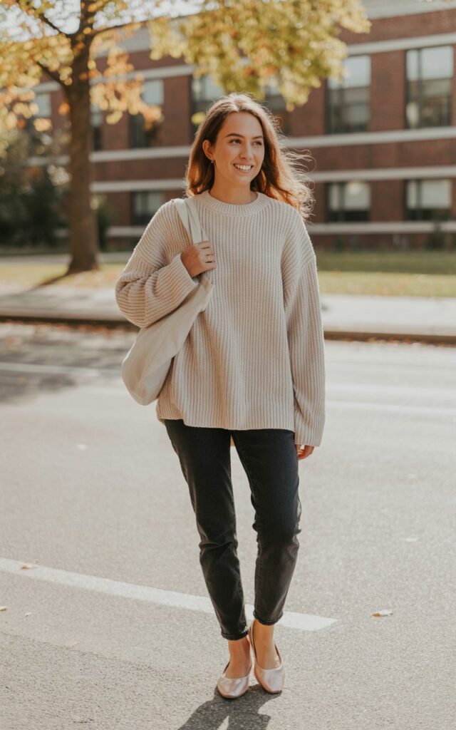 “A natural-looking young woman wearing a chunky knit sweater with slim-fit jeans and flats. Theme cute outfits for school”