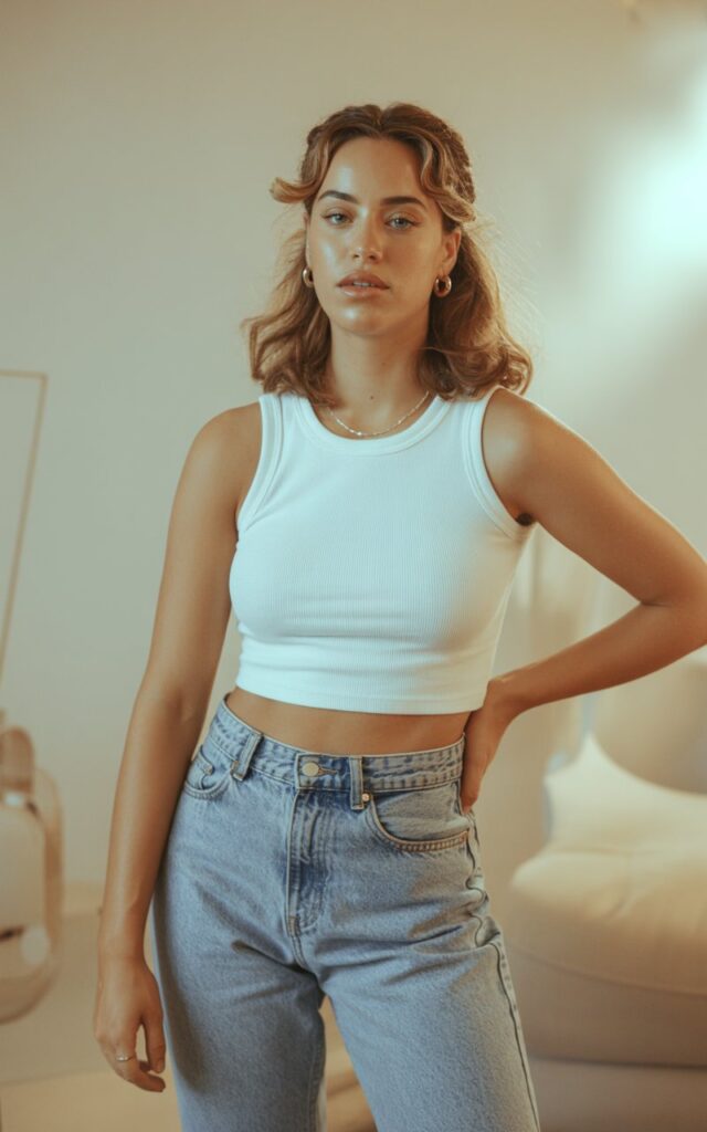 A natural-looking young woman wearing a classic crop top paired with high-waisted mom jeans. Theme 90s outfits