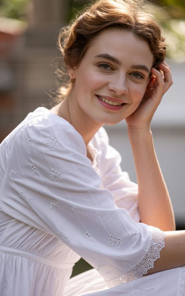A natural-looking young woman wearing a classic white dress with textured details like lace or eyelet. Theme family photo outfits