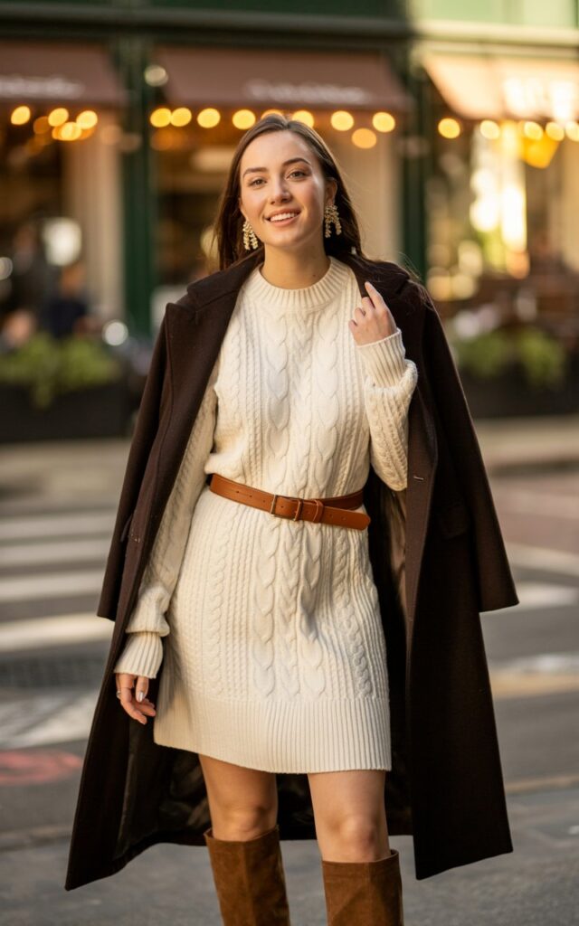 A natural-looking young woman wearing a cozy sweater dress with knee-high boots, a belted waist, statement earrings, and a wool coat. Theme date night outfit winter