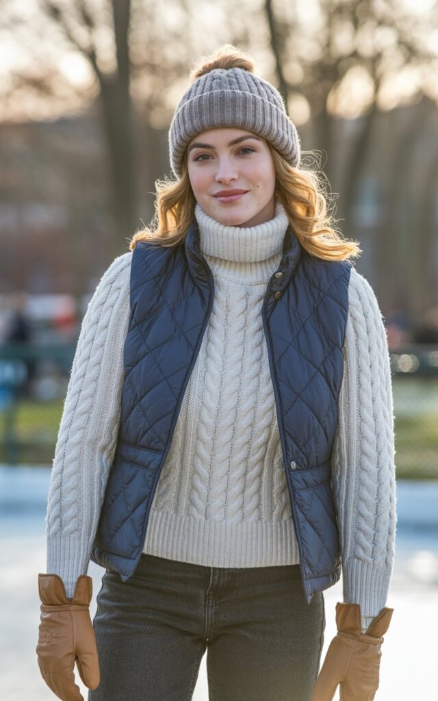 A natural-looking young woman wearing a cozy turtleneck styled with a quilted vest. Theme ice skating outfit