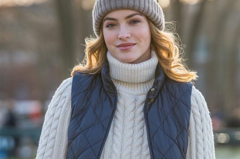 A natural-looking young woman wearing a cozy turtleneck styled with a quilted vest. Theme ice skating outfit
