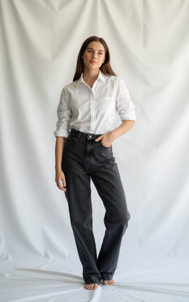 A natural-looking young woman wearing a crisp button-down shirt with straight-leg jeans. Theme lookbook outfits