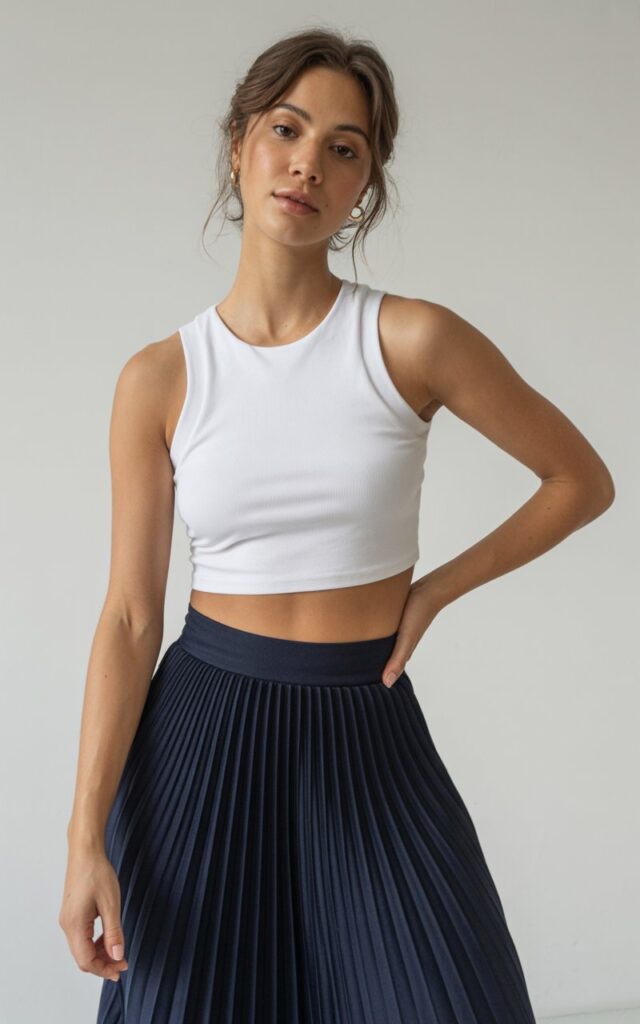 A natural-looking young woman wearing a crop top paired with a pleated skirt for a structured look. Theme crop top outfits