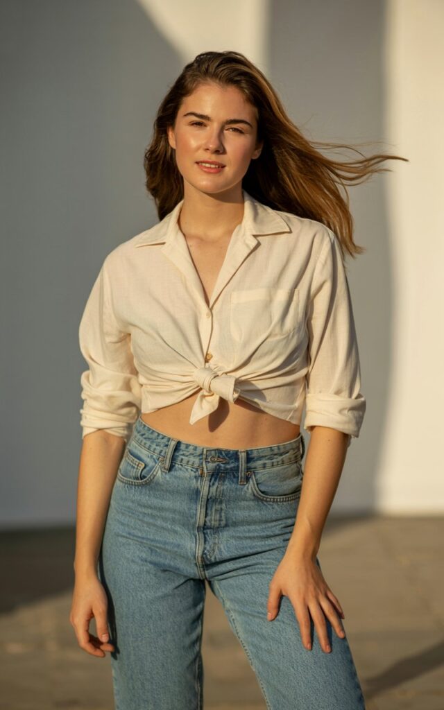 A natural-looking young woman wearing a cropped button-down shirt with classic mom jeans. Theme crop top outfits