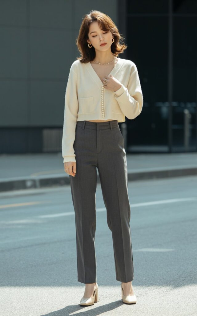 A natural-looking young woman wearing a cropped cardigan styled with high-waisted tailored trousers and minimal neutral heels. Theme korean casual outfits