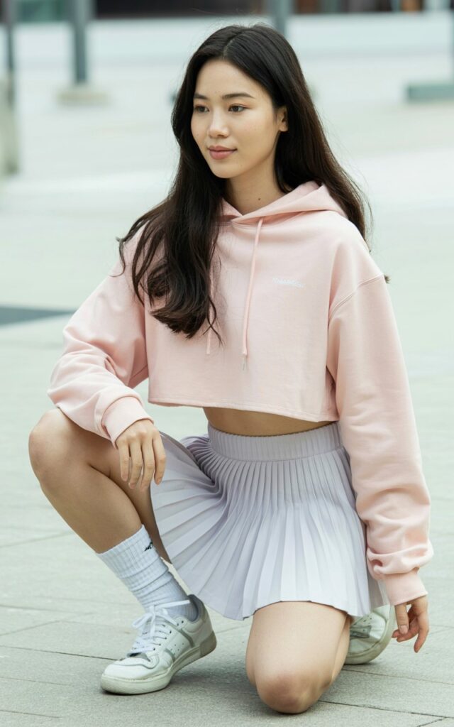 A natural-looking young woman wearing a cropped hoodie paired with a tennis skirt, crew socks, and sneakers. Theme korean casual outfits