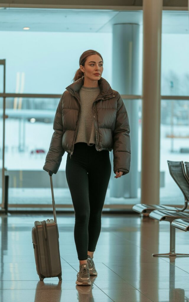 A natural-looking young woman wearing a cropped jacket with high-waisted leggings. Theme airport outfit winter