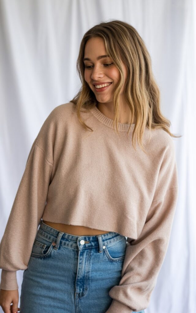 “A natural-looking young woman wearing a cropped sweater with high-rise jeans. Theme cute outfits for school”