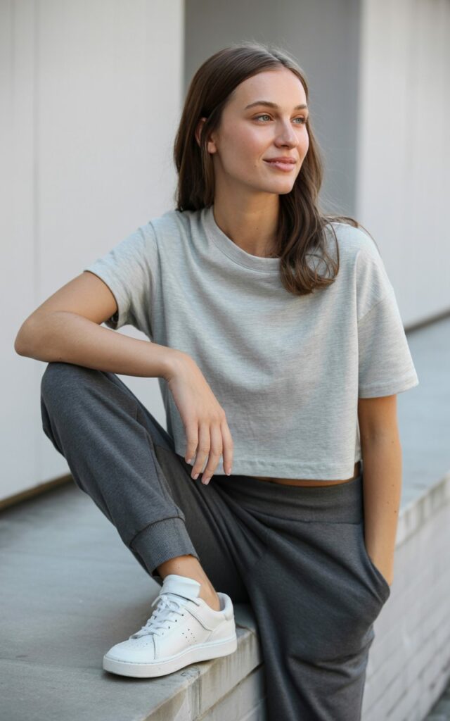 A natural-looking young woman wearing a cropped top styled with relaxed joggers and clean sneakers. Theme crop top outfits
