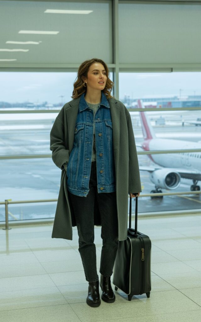 A natural-looking young woman wearing a denim jacket layered under a wool coat. Theme airport outfit winter