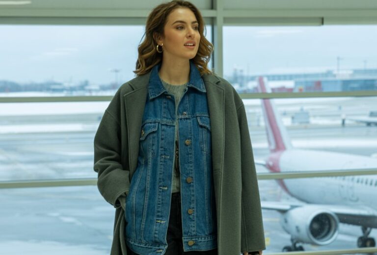 A natural-looking young woman wearing a denim jacket layered under a wool coat. Theme airport outfit winter