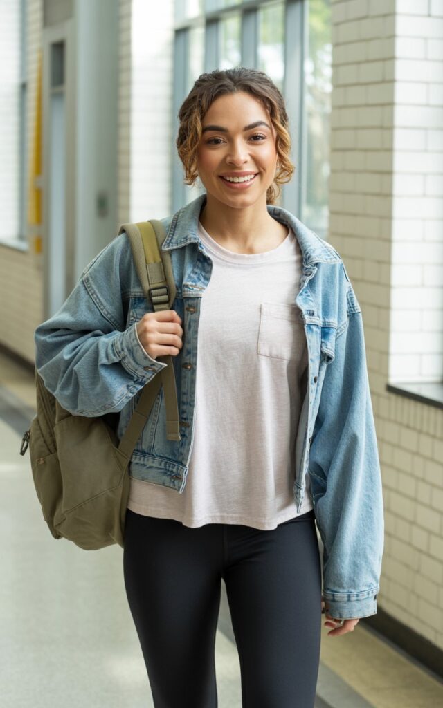 “A natural-looking young woman wearing a denim jacket over a simple tee and black leggings. Theme cute outfits for school”
