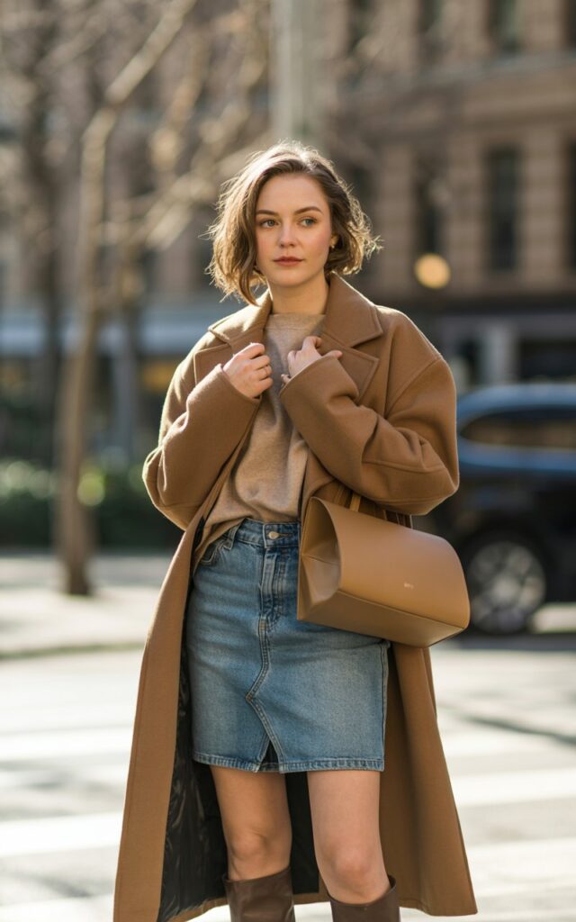 A natural-looking young woman wearing a denim mini skirt styled with a camel coat. Theme mini skirt outfit winter