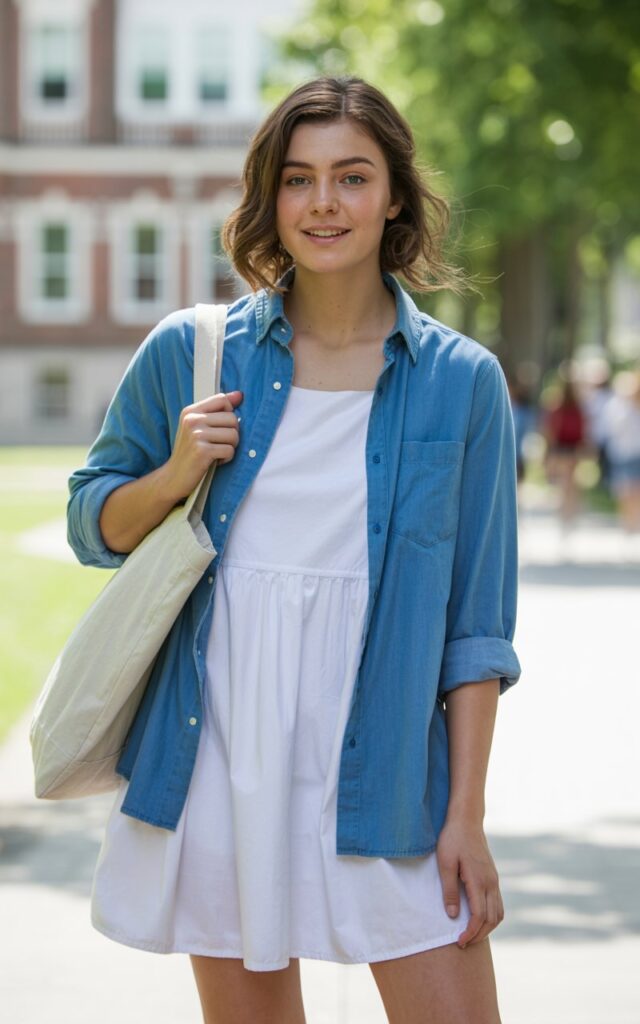 “A natural-looking young woman wearing a denim shirt layered over a basic dress. Theme cute outfits for school”