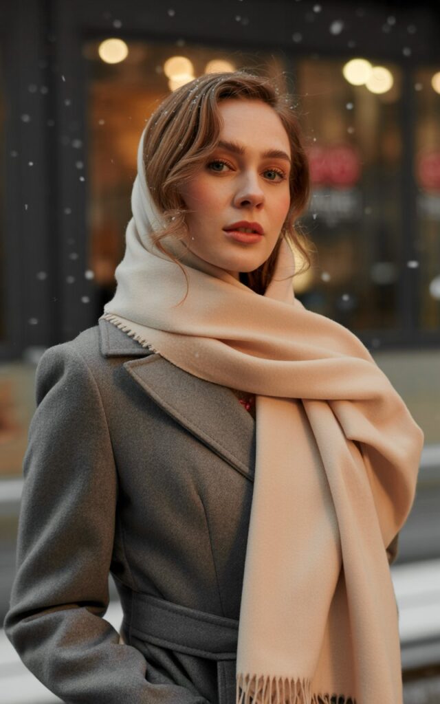 A natural-looking young woman wearing a fitted coat draped with a luxurious cashmere scarf. Theme date night outfit winter
