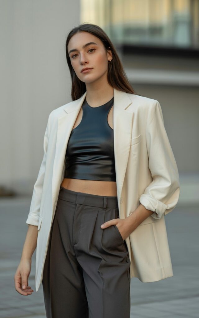 A natural-looking young woman wearing a fitted crop top layered under an oversized blazer with tailored bottoms. Theme crop top outfits