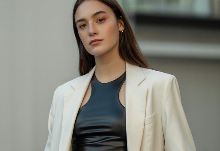A natural-looking young woman wearing a fitted crop top layered under an oversized blazer with tailored bottoms. Theme crop top outfits