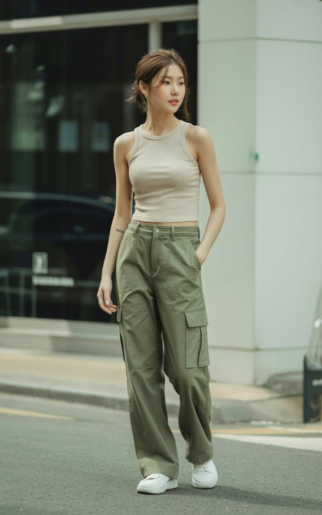 A natural-looking young woman wearing a fitted ribbed tank paired with loose cargo pants and minimalist sneakers. Theme korean casual outfits