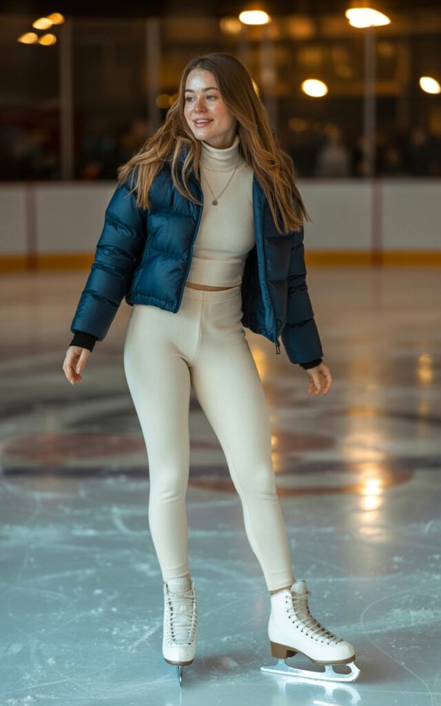 A natural-looking young woman wearing a fitted thermal top layered under a cropped puffer jacket. Theme ice skating outfit