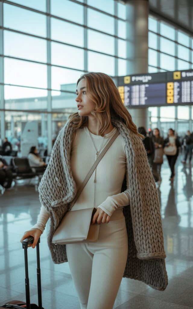 A natural-looking young woman wearing a fitted thermal top with a draped blanket scarf. Theme airport outfit winter