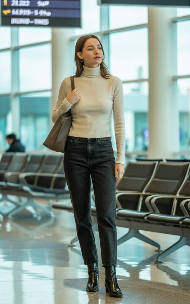 A natural-looking young woman wearing a fitted turtleneck with straight-leg jeans and ankle boots. Theme airport outfit winter
