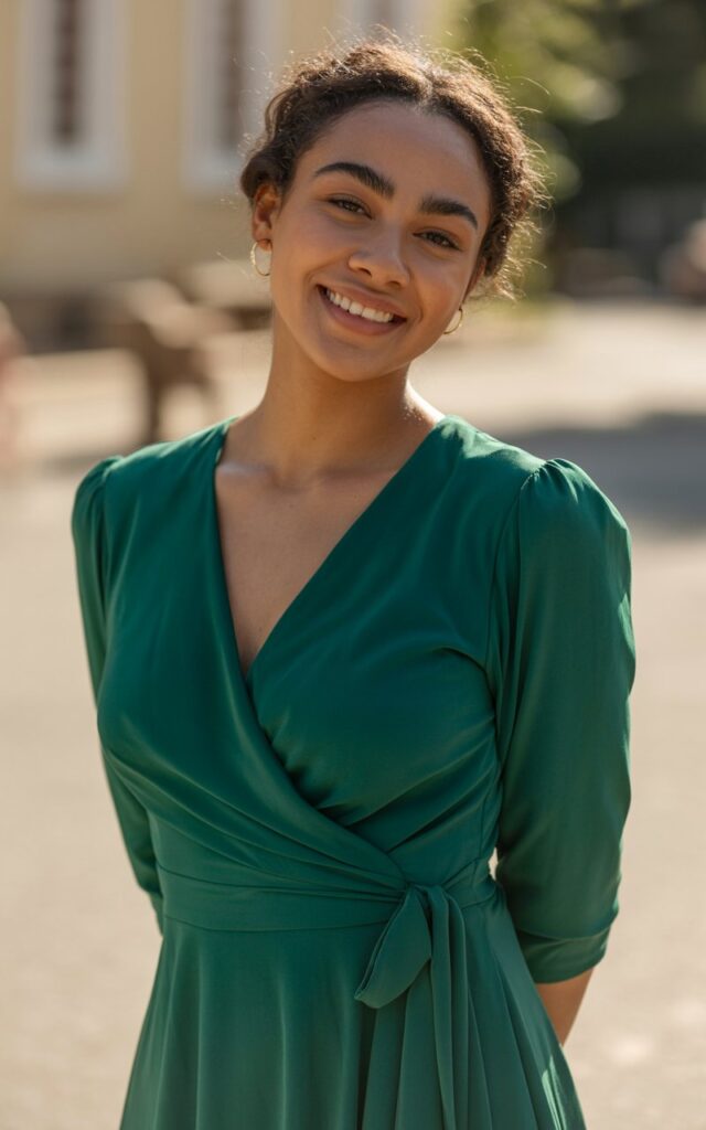 A natural-looking young woman wearing a flattering wrap dress that defines the waist in a solid color. Theme family photo outfits