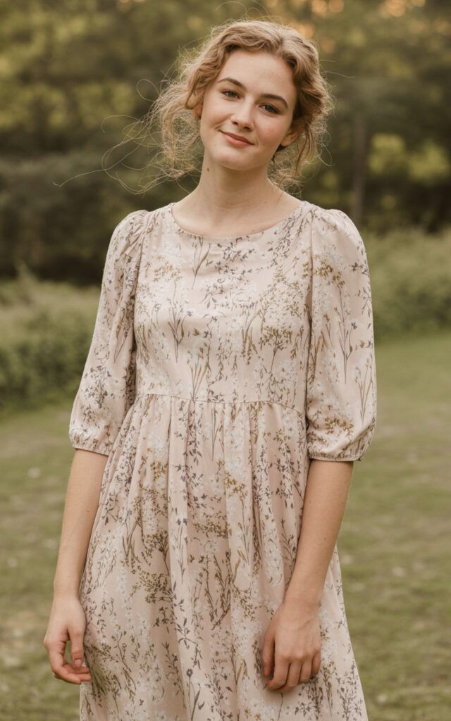 A natural-looking young woman wearing a floral midi dress with subtle, delicate prints. Theme family photo outfits