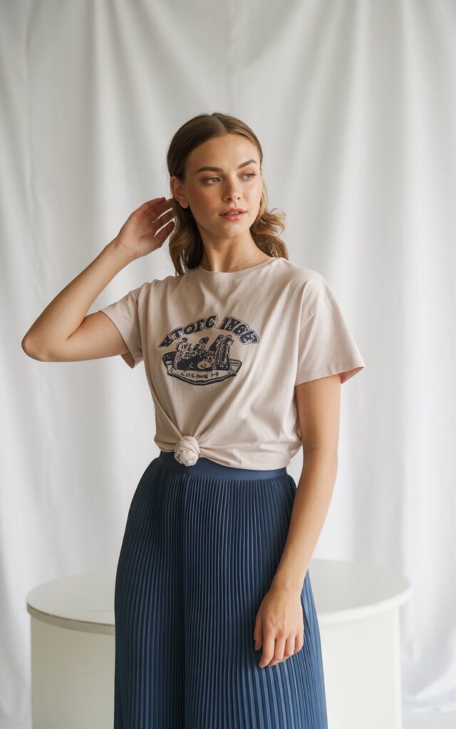 A natural-looking young woman wearing a graphic tee tucked into a pleated skirt. Theme lookbook outfits