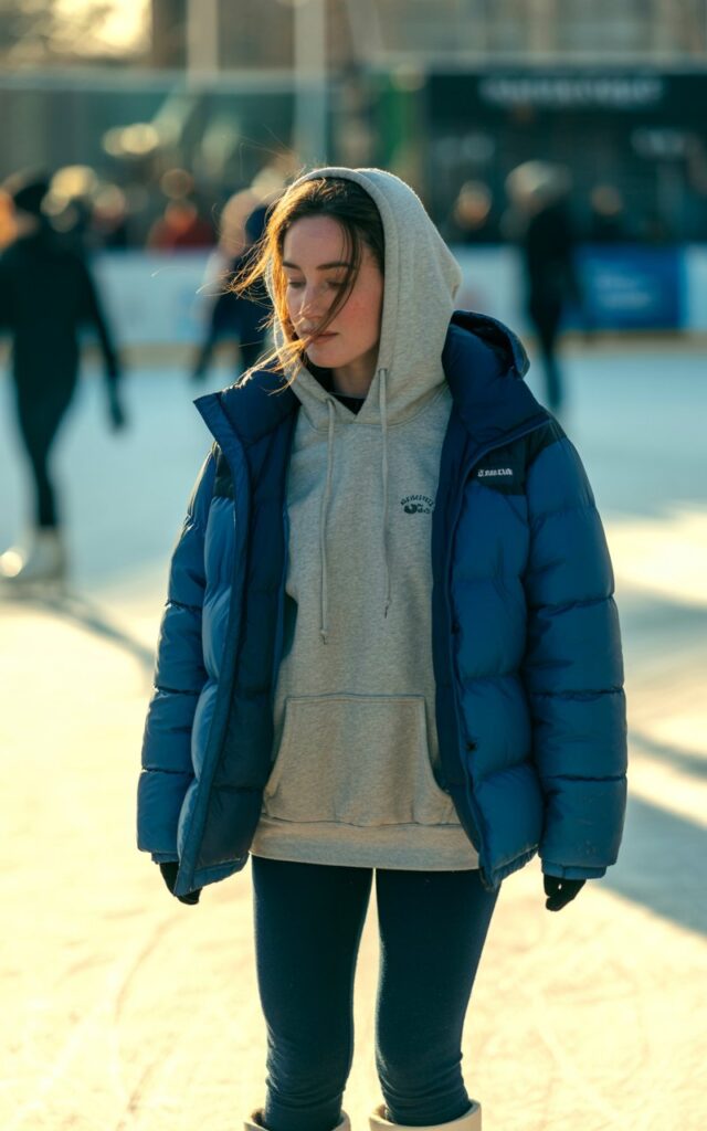 A natural-looking young woman wearing a hoodie paired with a warm puffer jacket. Theme ice skating outfit