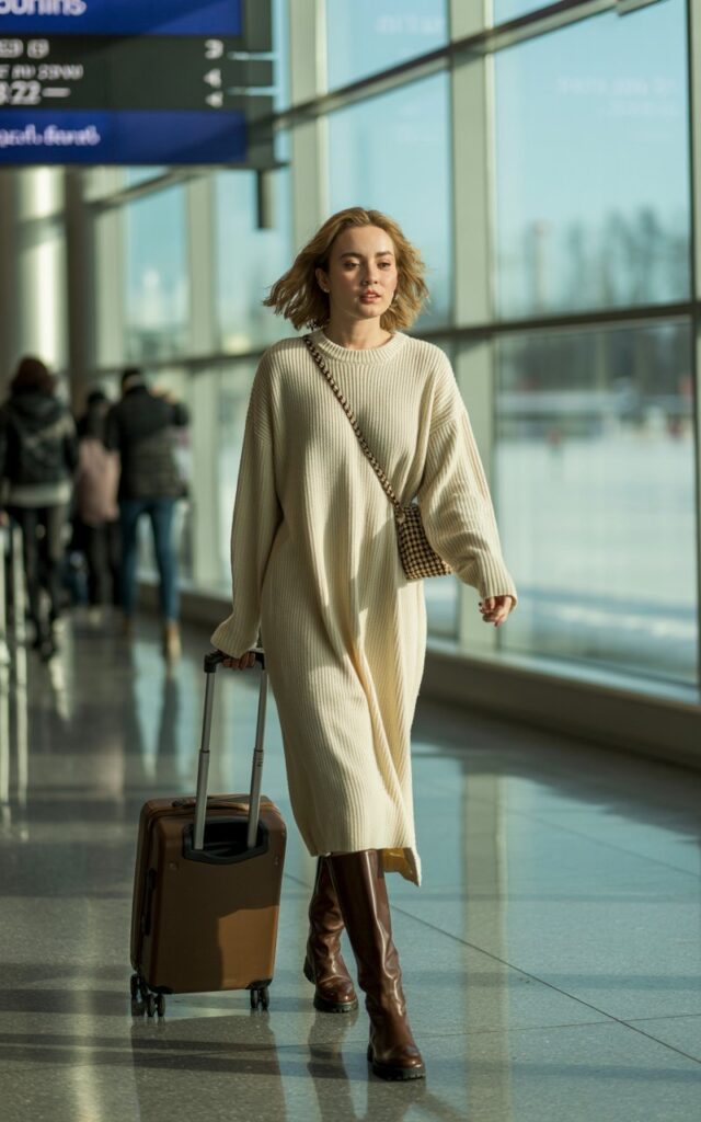A natural-looking young woman wearing a knit midi dress with knee-high boots. Theme airport outfit winter