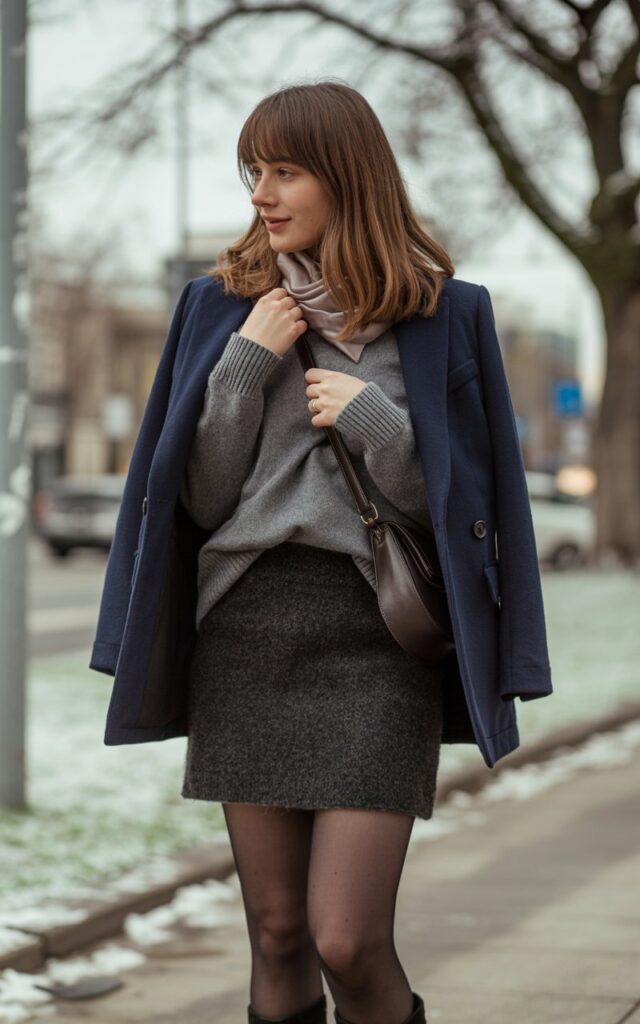 A natural-looking young woman wearing a knit mini skirt combined with a structured blazer. Theme mini skirt outfit winter