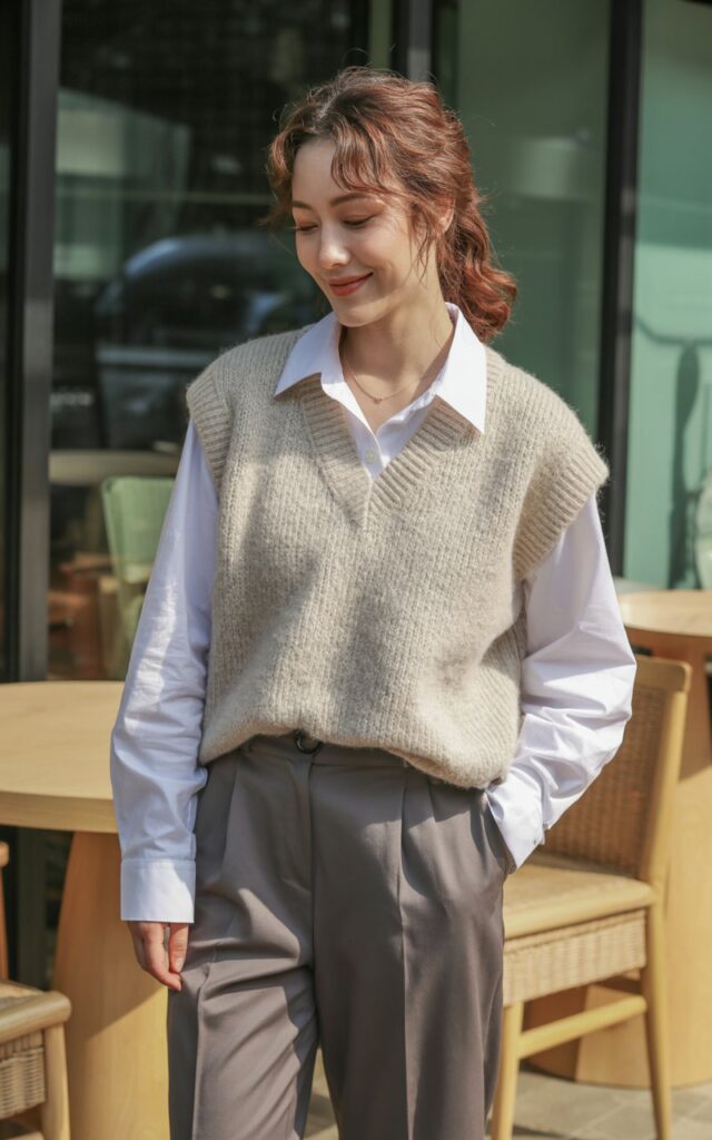 A natural-looking young woman wearing a knit vest layered over a crisp button-down shirt with tailored trousers. Theme korean casual outfits