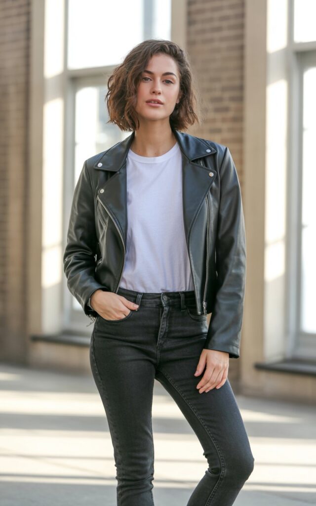 A natural-looking young woman wearing a leather jacket layered over skinny jeans and a simple tee. Theme lookbook outfits