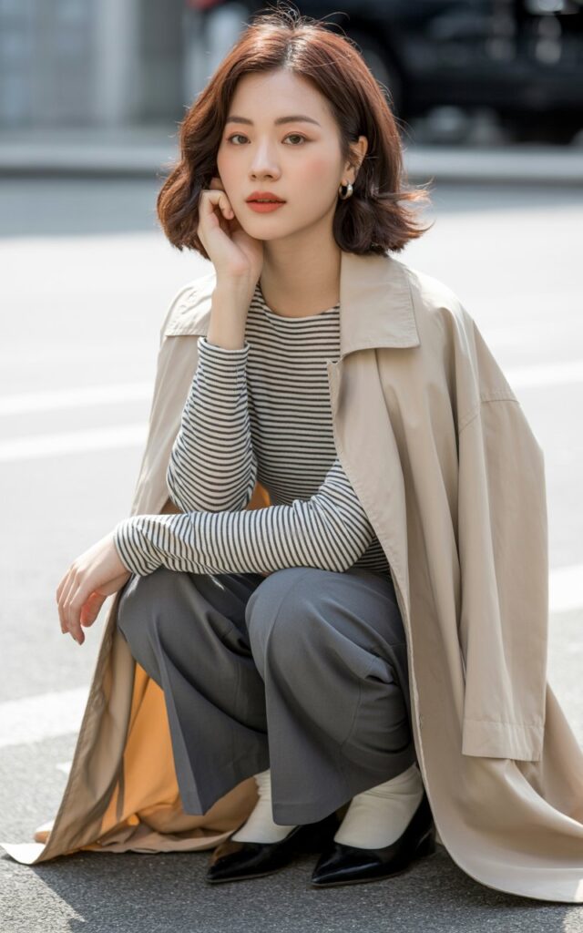 A natural-looking young woman wearing a lightweight trench coat over a monochrome base outfit with sleek flats. Theme korean casual outfits