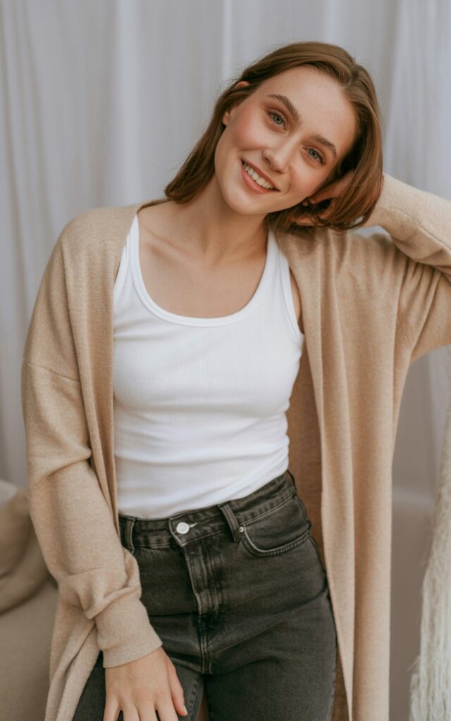 A natural-looking young woman wearing a long cardigan layered over a fitted tank top and classic jeans. Theme family photo outfits