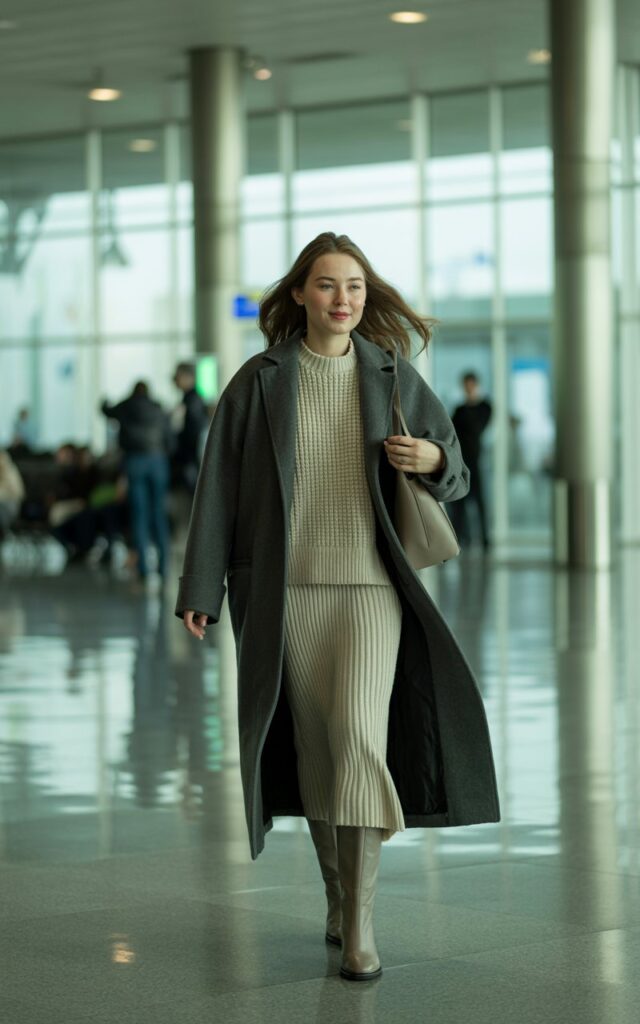 A natural-looking young woman wearing a long wool coat layered over a matching knit set. Theme airport outfit winter