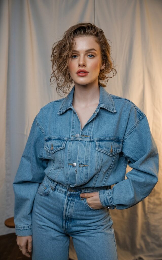 A natural-looking young woman wearing a matching denim jacket and jeans for a head-to-toe denim look. Theme 90s outfits