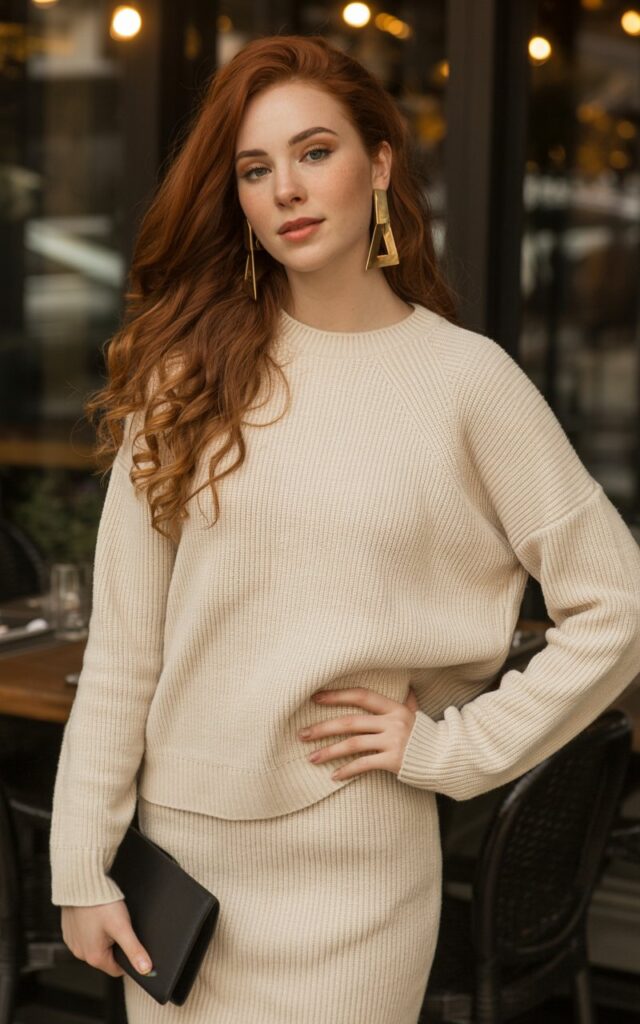 A natural-looking young woman wearing a matching knit set styled with statement heels and bold earrings. Theme date night outfit winter
